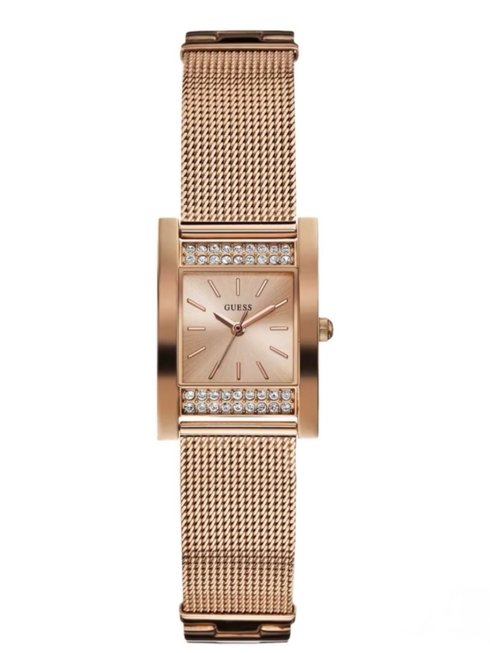 GUESS Rose Gold Crystal-Trim Rectangular Mesh Bracelet Watch